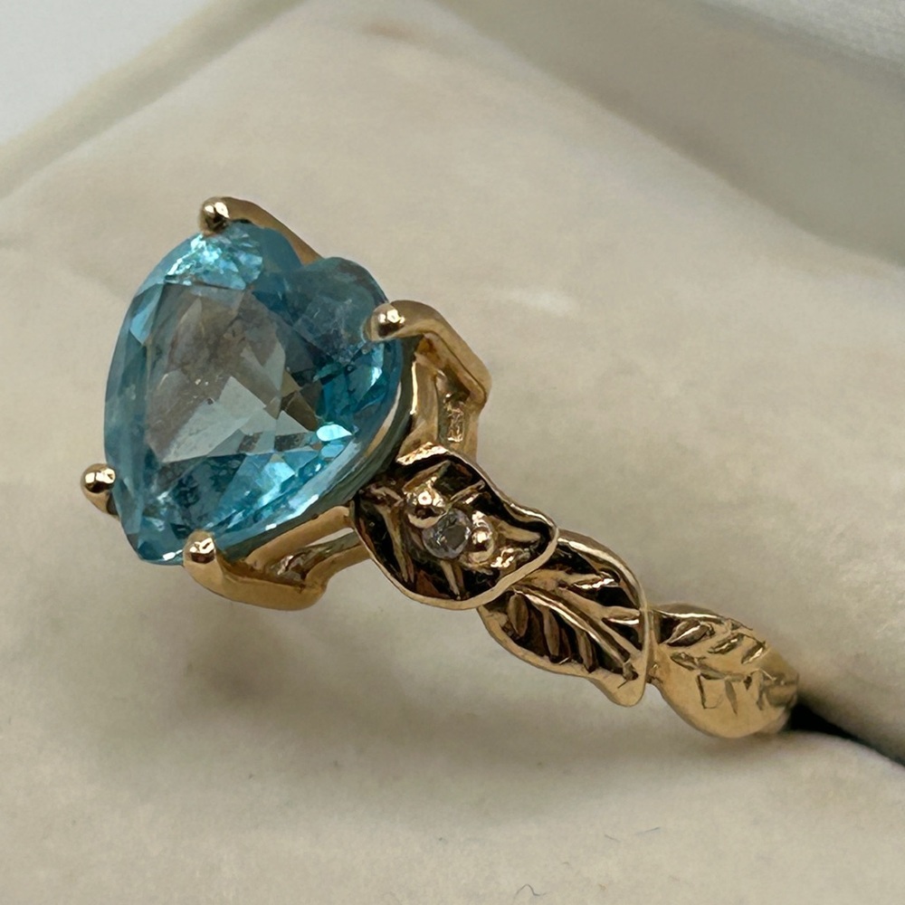14k Solid Gold Ring Blue Heart 10mm Topaz and Diamond Gemstone - Picture 6 of 13